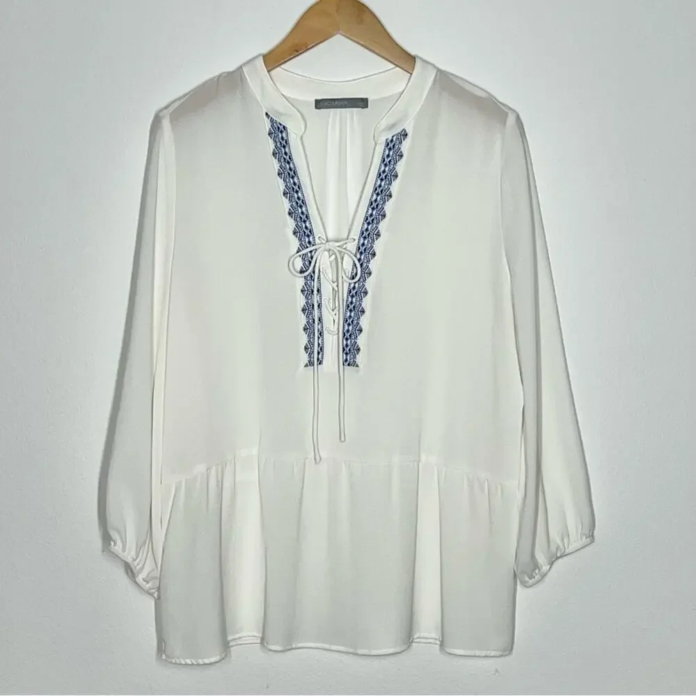L Octavia White Peplum Boho Embroidered Lace Up Bust Flowy Peasant Blouse Top